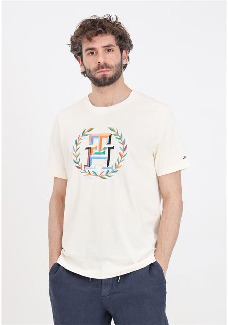 T-shirt da uomo color crema con maxi ricamo logo sul davanti TOMMY HILFIGER | MW0MW34393AEFAEF