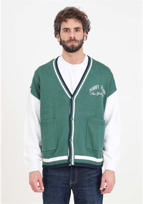Green and white varsity style men's cardigan TOMMY JEANS | Cardigan | DM0DM18366L4LL4L