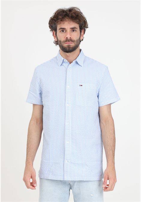 Light blue and white Stripe Seersucker men's shirt TOMMY JEANS | Shirt | DM0DM18970C3SC3S