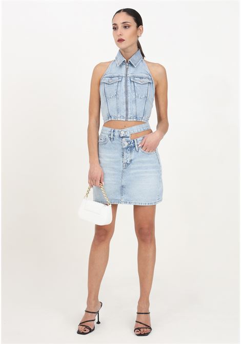 Light wash women's denim mini skirt with cut out detail at the waist TOMMY JEANS | DW0DW172171AB1AB