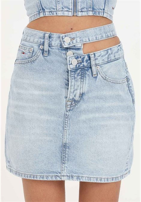 Light wash women's denim mini skirt with cut out detail at the waist TOMMY JEANS | Skirts | DW0DW172171AB1AB