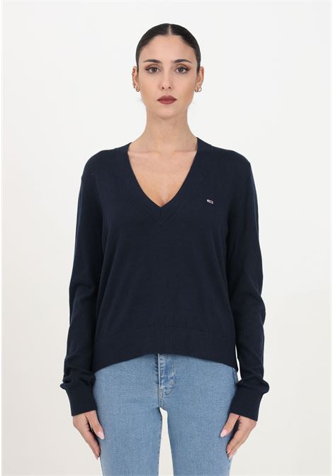 Blue women's cotton sweater with V-neck TOMMY JEANS | Knitwear | DW0DW17251C1GC1G