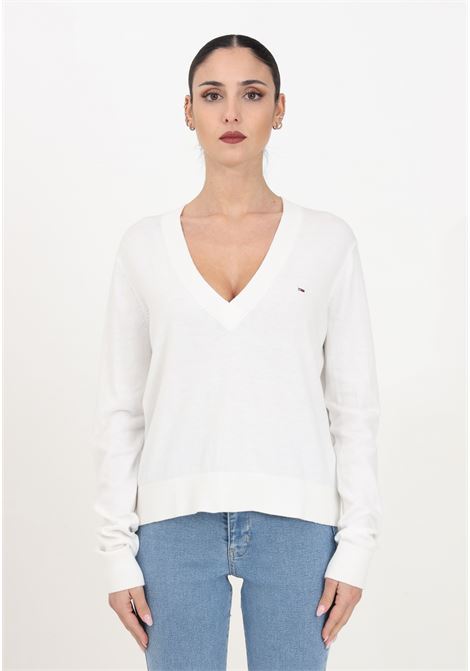 White women's cotton sweater with V-neck TOMMY JEANS | Knitwear | DW0DW17251YBHYBH