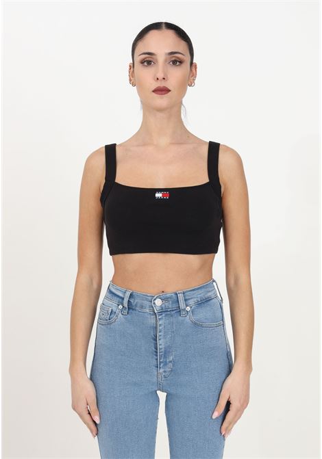 Black women's crop top in stretch cotton with ribbed texture TOMMY JEANS | Tops | DW0DW17395BDSBDS