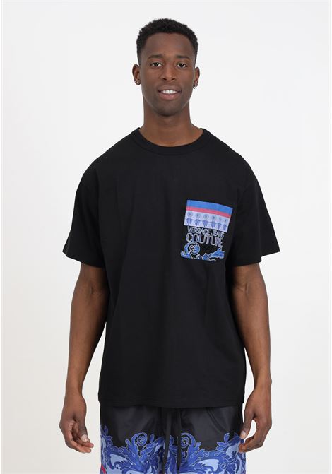 Black baroque patterned men's t-shirt with blue logo print VERSACE JEANS COUTURE | 76GAH6RBJS334899