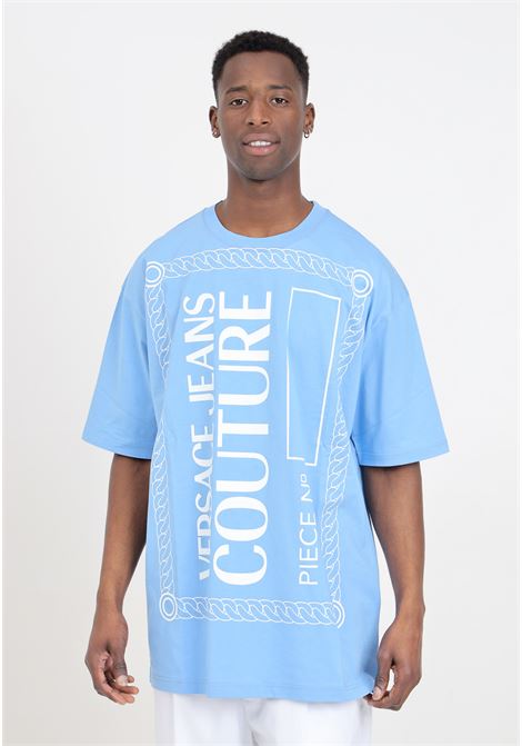 T-shirt azzurra con stampa piece number VERSACE JEANS COUTURE | T-shirt | 76GAHE04CJ00E261