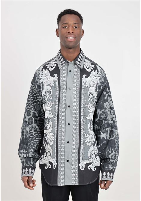 Camicia da uomo nera, bianca e grigia stampa Animalier Baroque VERSACE JEANS COUTURE | Camicie | 76GAL21ANS438899