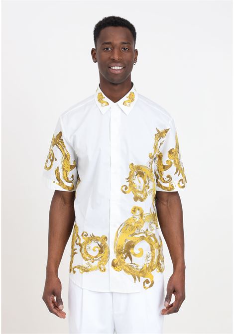 Camicia da uomo bianca con stampa watercolor baroque in oro VERSACE JEANS COUTURE | Camicie | 76GAL222NS452G03