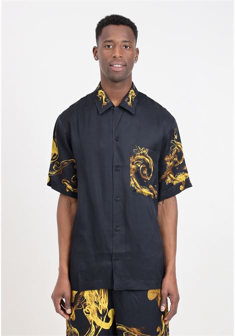 Camicia da uomo nera con fantasia watercolor in oro VERSACE JEANS COUTURE | Camicie | 76GAL2BWNS412G89