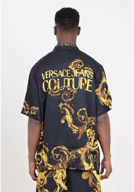 Camicia da uomo nera con fantasia watercolor in oro VERSACE JEANS COUTURE | Camicie | 76GAL2BWNS412G89