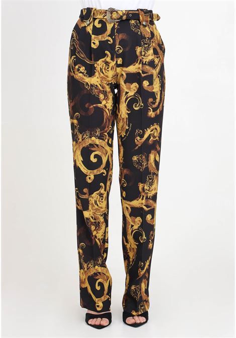 Black women's trousers with black and gold couture watercolor print VERSACE JEANS COUTURE | 76HAA111NS403G89