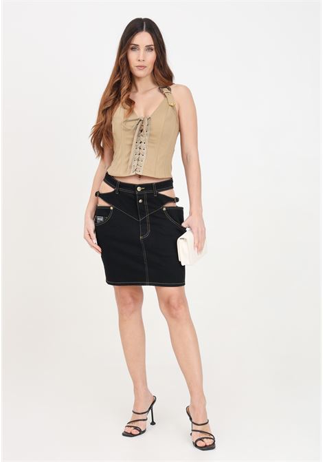 Women's black denim mini skirt with baroque buckle VERSACE JEANS COUTURE | Skirts | 76HAE858DW060L54909