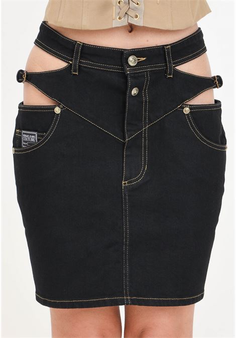 Women's black denim mini skirt with baroque buckle VERSACE JEANS COUTURE | 76HAE858DW060L54909