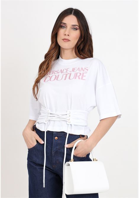 White women's logoed t-shirt with laces VERSACE JEANS COUTURE | T-shirt | 76HAHG04CJ00G003