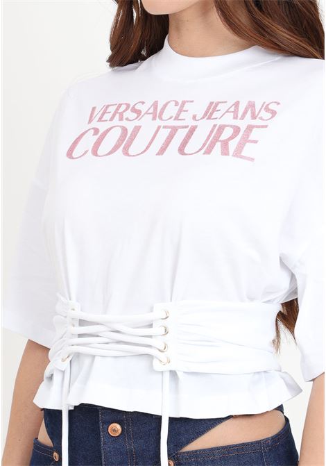 T-shirt da donna bianca logata con lacci VERSACE JEANS COUTURE | 76HAHG04CJ00G003