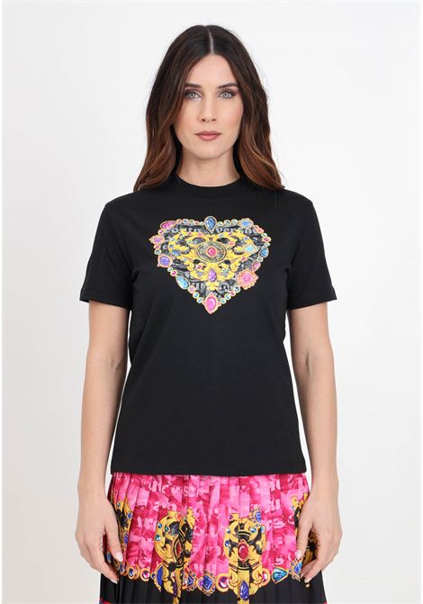 T-shirt da donna nera con stampa heart couture VERSACE JEANS COUTURE | 76HAHL01CJ01LG89