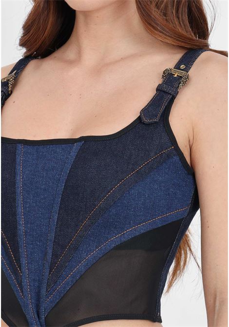 Women's indigo denim top with mesh details and baroque buckles VERSACE JEANS COUTURE | Tops | 76HAM25CDT017904
