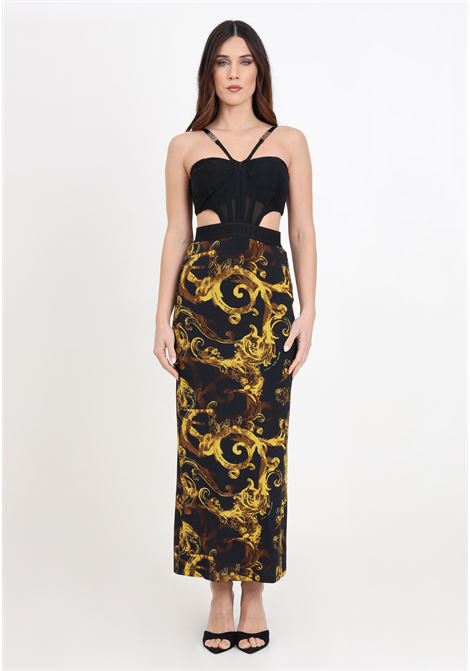 Long black women's dress with bustier bodice and watercolor baroque gold skirt VERSACE JEANS COUTURE | Dresses | 76HAO903JS291G89