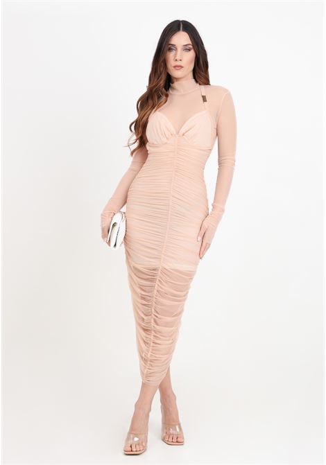 Long nude pink women's mesh dress with ruffles VERSACE JEANS COUTURE | 76HAO918J0035726