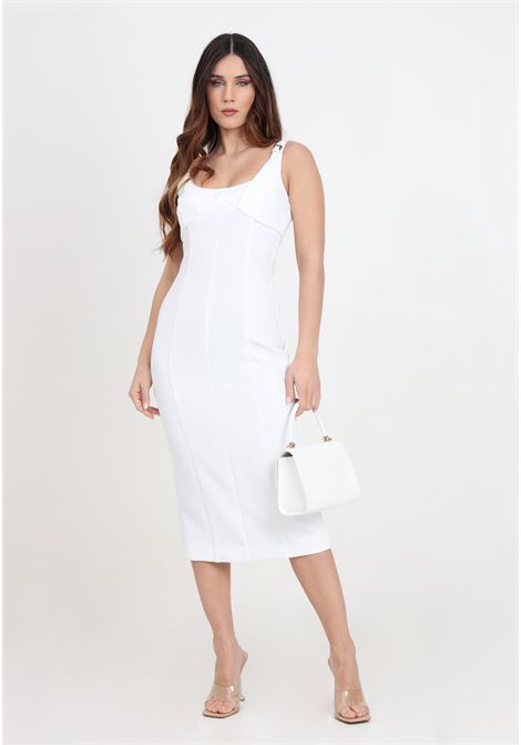 White women's midi dress with double shoulder strap and baroque buckle VERSACE JEANS COUTURE | Dresses | 76HAO919N0103003