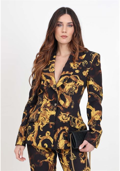 Blazer da donna watercolor couture con drappeggio nero e oro VERSACE JEANS COUTURE | Giacche | 76HAQ702NS403G89