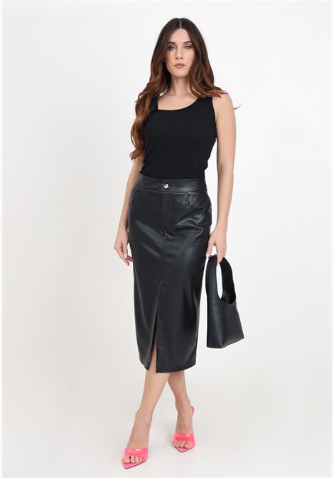 Black women's midi skirt with leather effect slit VICOLO | Skirts | TB0124A99