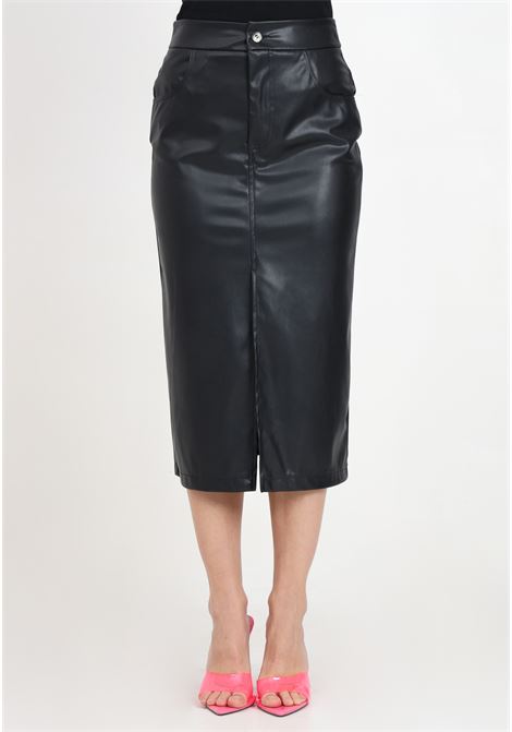 Black women's midi skirt with leather effect slit VICOLO | Skirts | TB0124A99