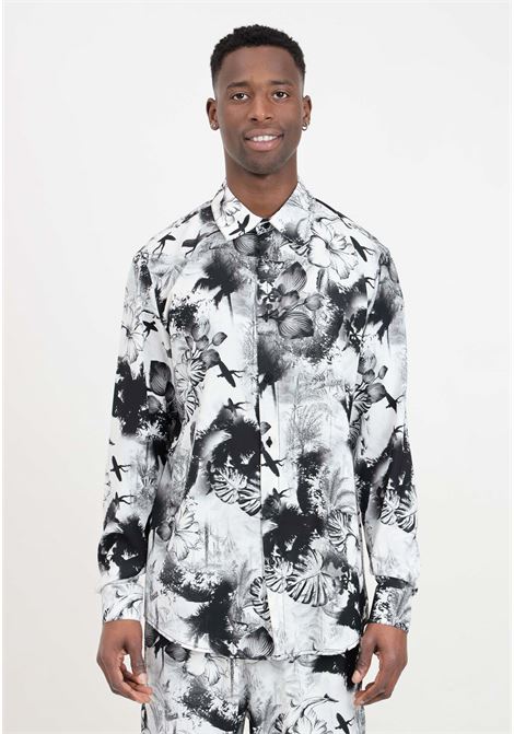 Camicia da uomo bianca e nera stampa tropicale YES LONDON | XCM71541