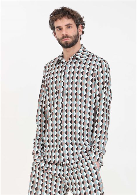 Brown white black green men's shirt with triangle print YES LONDON | XCM71545