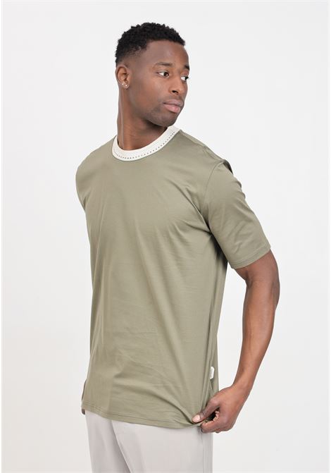 T-shirt da uomo verde con elastico ricamato beige YES LONDON | T-shirt | XM4106VERDE-BEIGE