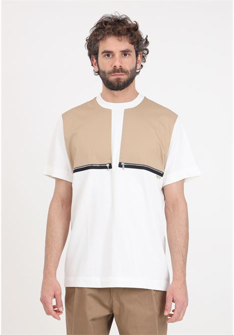 T-shirt da uomo panna e beige tasche finte con zip sul davanti YES LONDON | T-shirt | XM4114PANNA-CAMEL